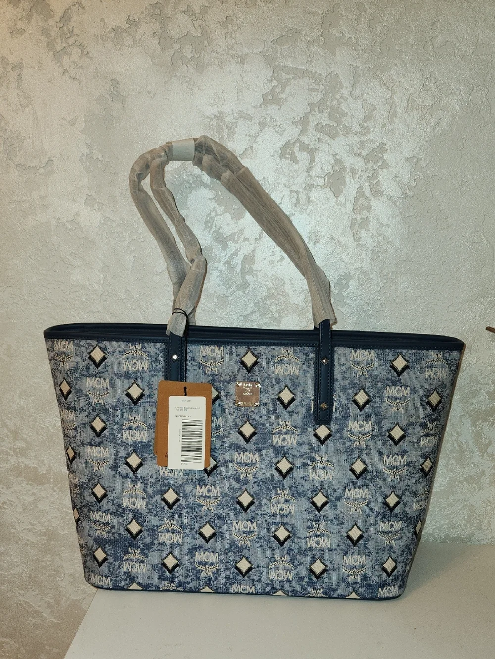 MCM Blue Monogram Visetos Tote with Navy Trim